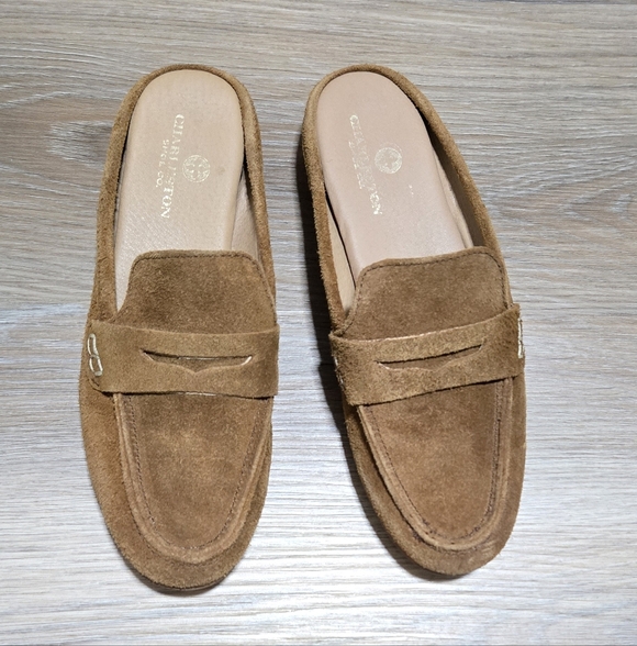 Charleston Shoe Co. Georgia Tan Suede Leather Penny Loafer Mules Size 7 - Picture 3 of 11